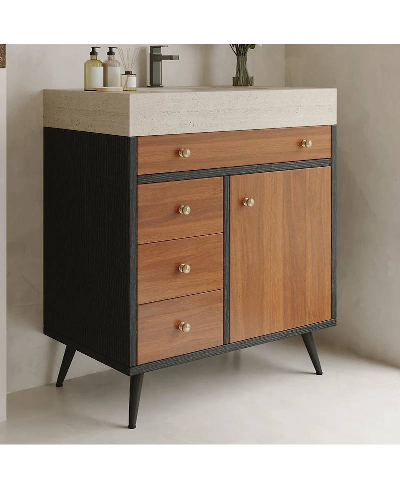 Sillysis 29.9" Freestanding Bathroom Vanity with Stone Gray Sintered Top, Ceramic Sink, Soft Close Drawers & Storage Cabinet
