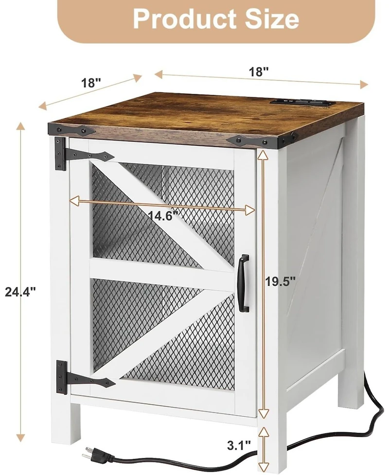 gaomon Farmhouse Nightstand with Charging Station, 18" Bedside End Table with Barn Mesh Door and Adjustable Shelf, Rustic Sofa Side Table for Bed