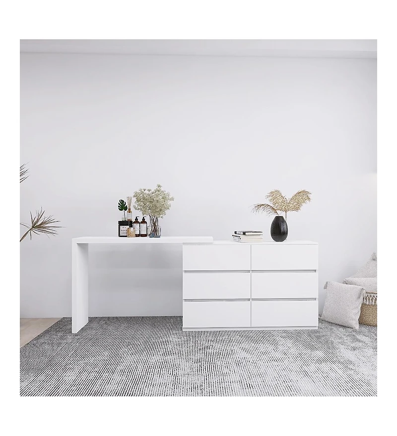 flynama Extended Desktop 6 Drawers Chest White Vanity Dresser with Adjustable Desk Top Handle Free Design