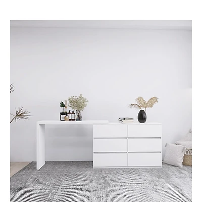 flynama Extended Desktop 6 Drawers Chest White Vanity Dresser with Adjustable Desk Top Handle Free Design