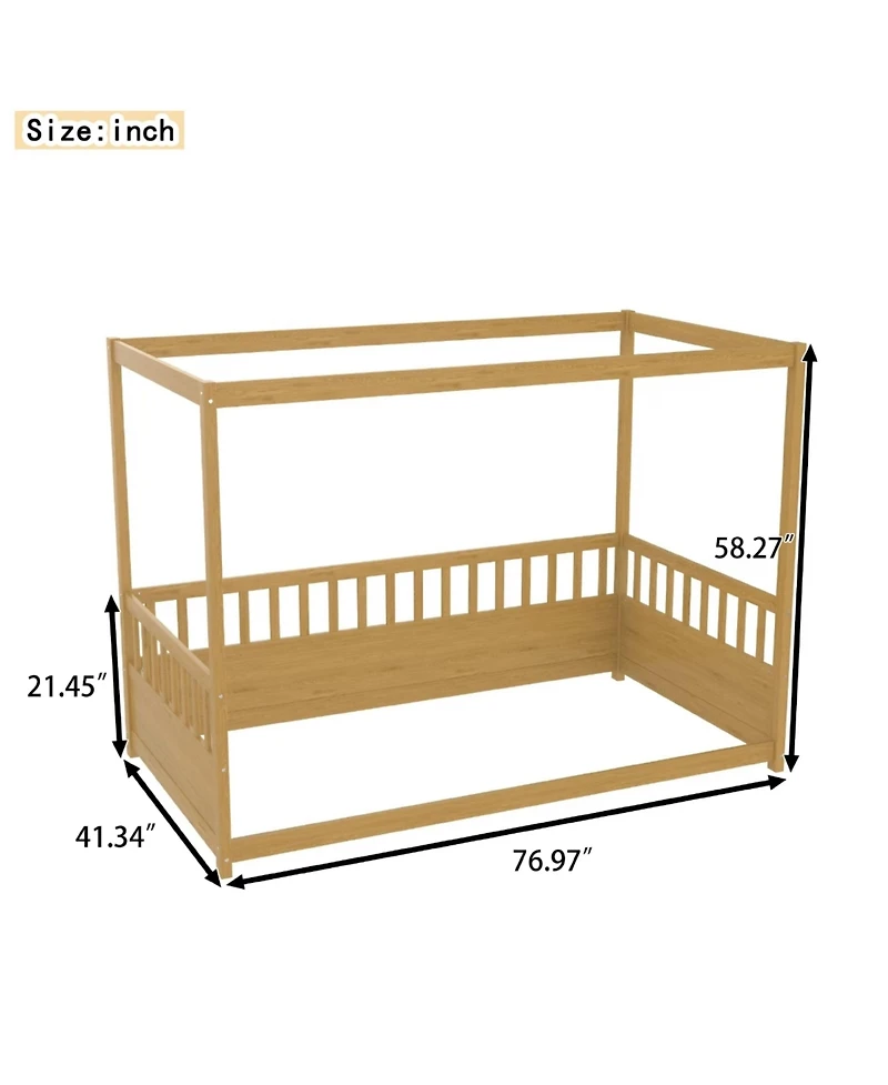 flynama Wooden Canopy Floor Bed With Guardrails Four Poster Design For Kids