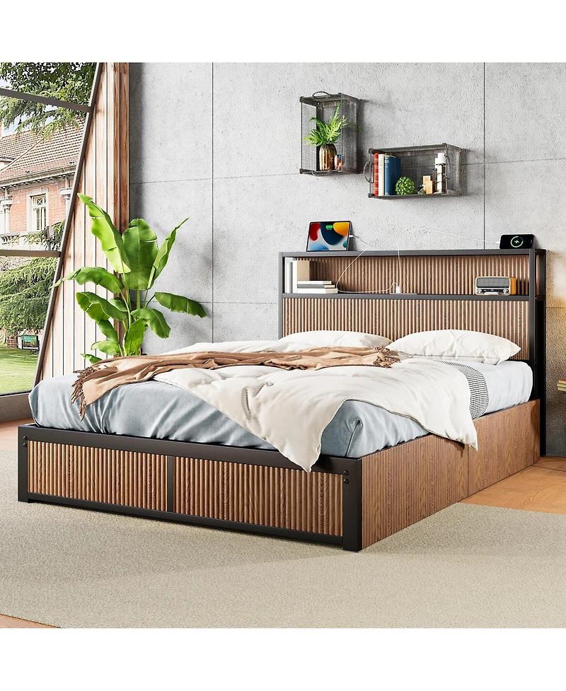 flynama Wooden Platform Bed With Multiple Drawers Storage Socket Wood
