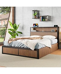 flynama Wooden Platform Bed With Multiple Drawers Storage Socket Wood