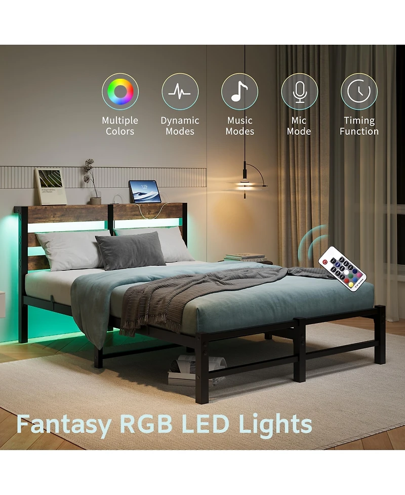 flynama Metal Bed Wooden Headboard Rgb Lights Charger Storage