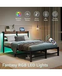 flynama Metal Bed Wooden Headboard Rgb Lights Charger Storage