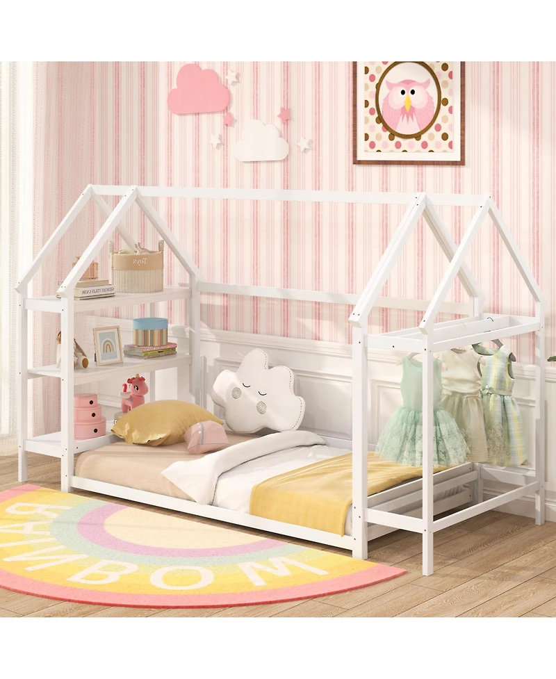 Sugift Twin Montessori Floor House Bed with Detachable Storage Shelves