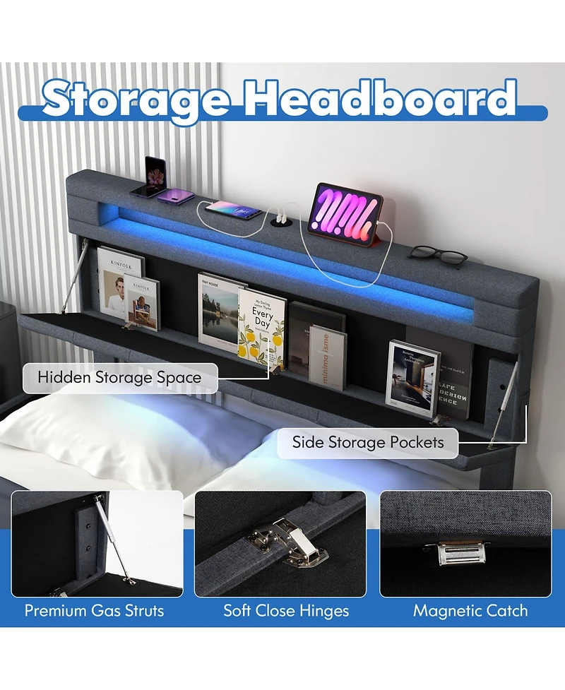 Sugift Bed Frame with Storage Headboard and Wooden Slat Support