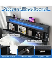 Sugift Bed Frame with Storage Headboard and Wooden Slat Support