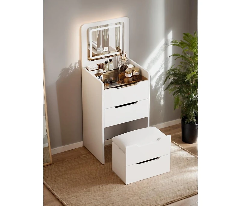 Flynama Space Saving Small Vanity Table with Basic Standard Mirror and Cushioned Stool Makeup