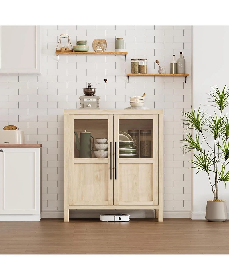 gaomon Sideboard Buffet Cabinet with Two Glass Doors Compact Modern Farmhouse Storage Natural