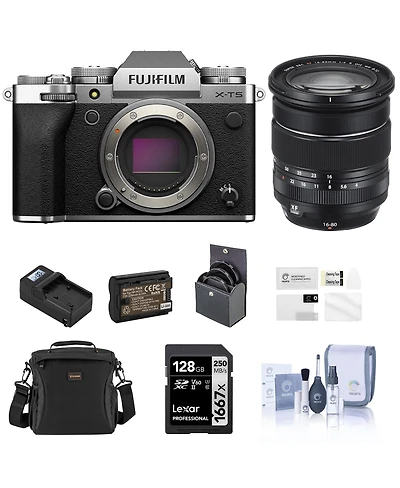 Fujifilm X-T5 Mirrorless Camera, Silver with Xf 16-80mm f/4.0 R Ois Wr Lens, 128GB Sd Card, Shoulder Bag, Extra Battery, Charger, 72mm Filter Kit,