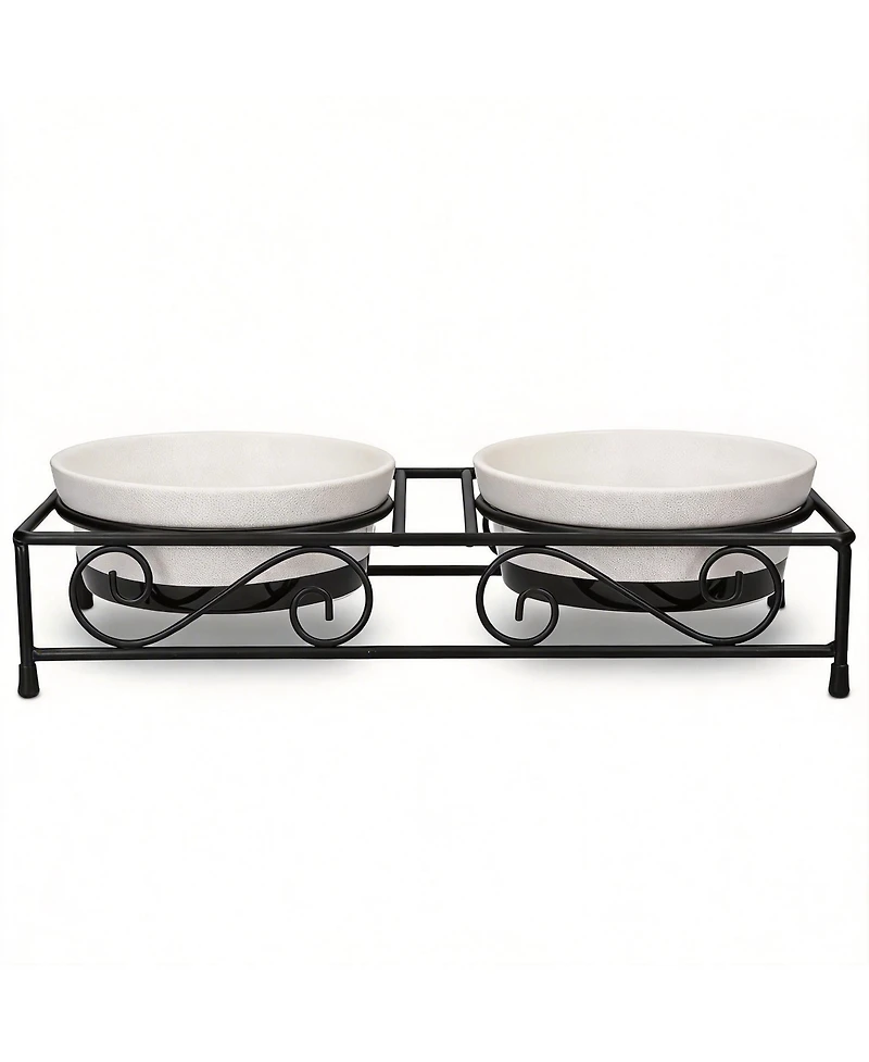 Aronkl Ceramic Pet Bowl Set with Metal Stand Paw Print Design Dishwasher Safe