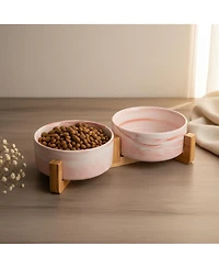 Aronkl Ceramic Cat Dog Bowl Set with Wood Stand Non Slip 13.5 Ounces Easy Wash Safe Pet Feeder
