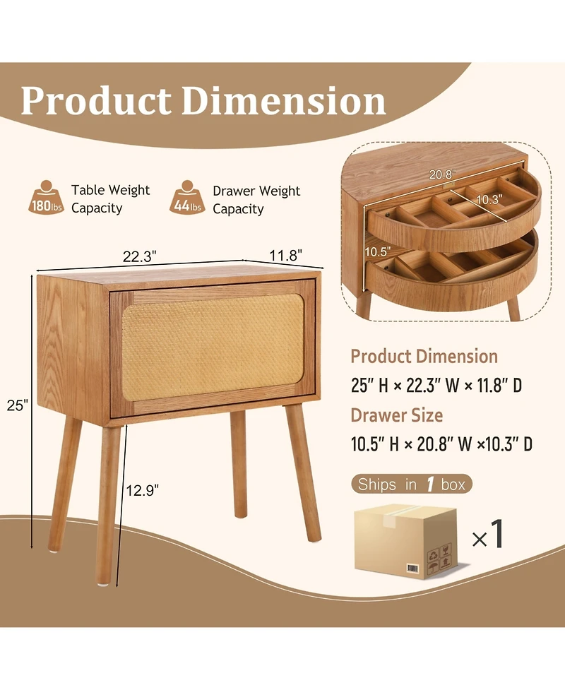 Flynama Elegant Modern Wooden Nightstand with Storage Space Natural Finish Bedside Table for Bedroom Living Room