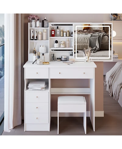 Flynama Contemporary 37Medium Tri Color Vanity Table with Left Drawer Mirror and Cushioned Stool