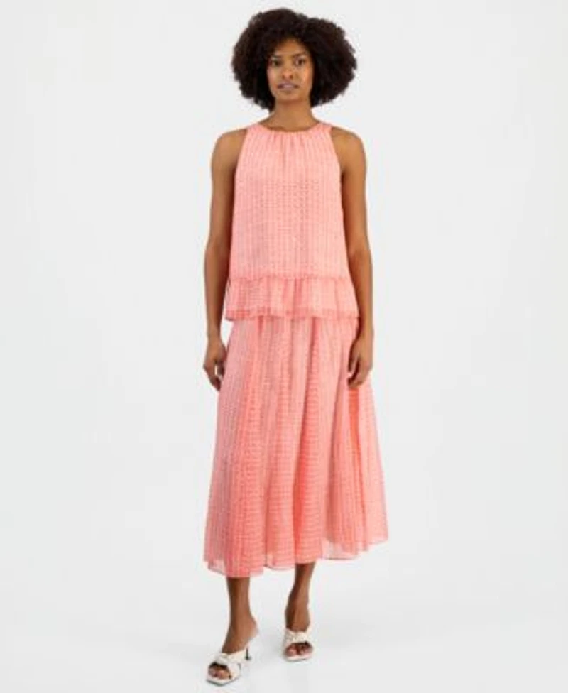 Vince Camuto Womens Printed Peplum Hem Sleeveless Top Pull On Pleated Waist Skirt
