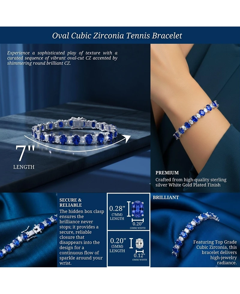 Genevive Sterling Silver White Gold Plated with Oval Cubic Zirconia Tennis Bracelet.