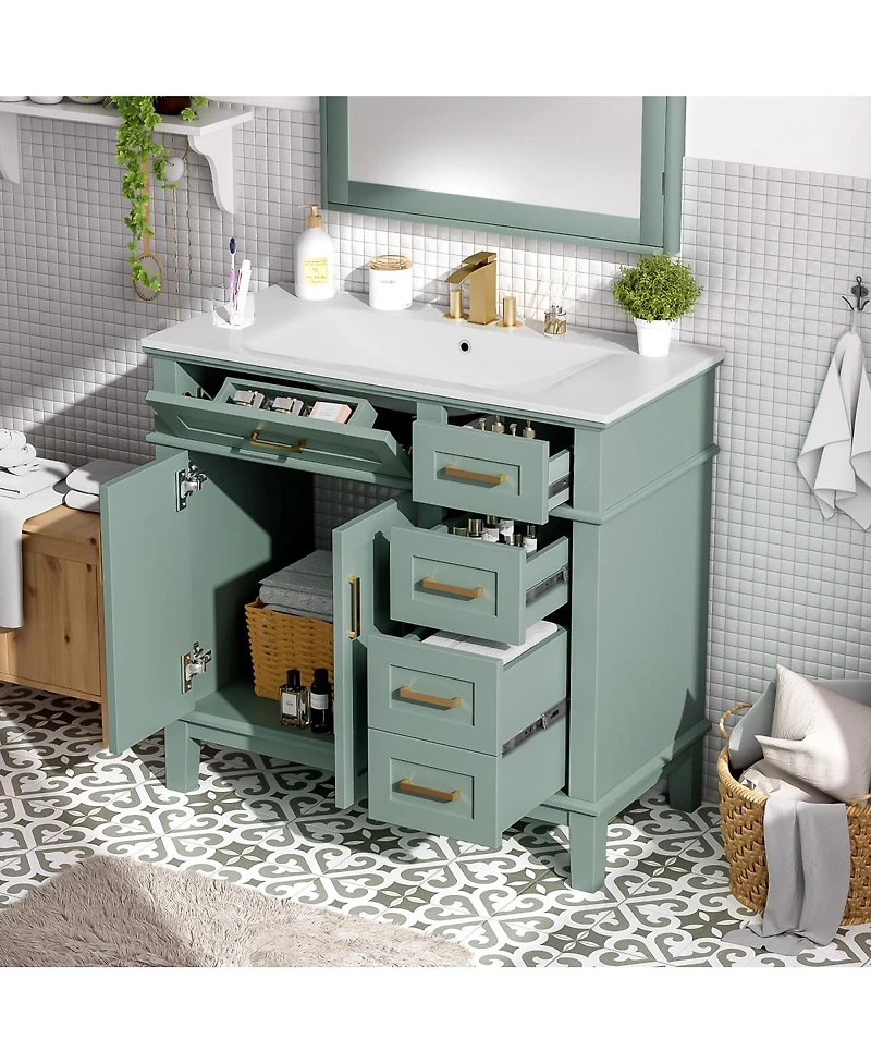 Sillysis 36" Modern Bathroom Vanity with Sink, Freestanding Solid Wood Cabinet, Soft Close Drawers for Home