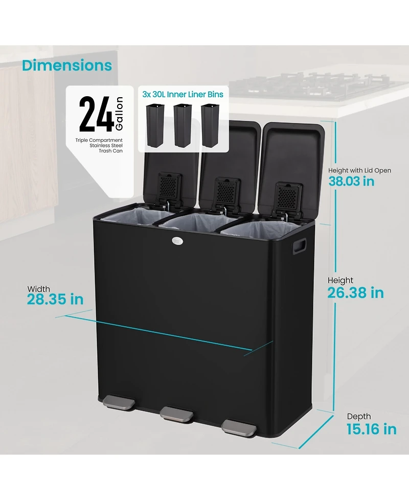 Home Zone Living 24 Gallon Triple-Compartment Stainless Steel Kitchen Trash Can with Step Pedals and Soft-Close Lids
