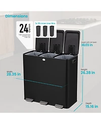 Home Zone Living 24 Gallon Triple-Compartment Stainless Steel Kitchen Trash Can with Step Pedals and Soft-Close Lids
