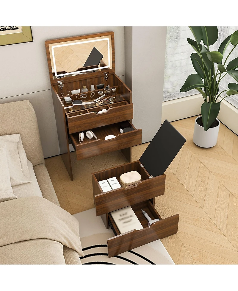 Flynama 3 in 1 Vanity Desk with Lighted Mirror and Stool Flip Top Makeup Dressing Table Compact Storage for Bedroom