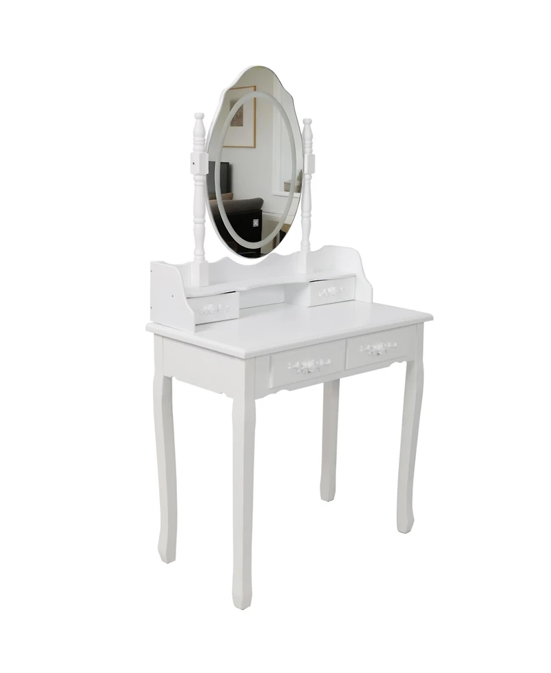 Flynama Princess Vanity Desk Set with Mirror Cushioned Stool 4 Drawer Wooden Makeup Dressing Table for Girls Bedroom
