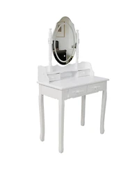 Flynama Princess Vanity Desk Set with Mirror Cushioned Stool 4 Drawer Wooden Makeup Dressing Table for Girls Bedroom