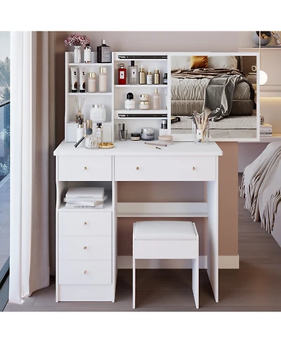 Flynama Modern Medium Led Vanity Table with Multi Layer Slide Mirror Classic and Cushioned Stool