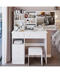 Flynama Modern Medium Led Vanity Table with Multi Layer Slide Mirror Classic and Cushioned Stool