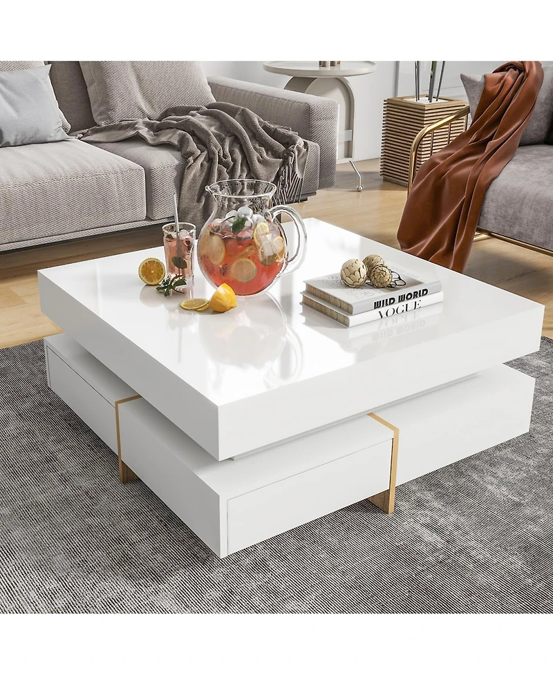 Rainsken Modern High Gloss Coffee Table, Multi-Storage Square Center Table with 4 Drawers and Wood Grain Legs for Living Room