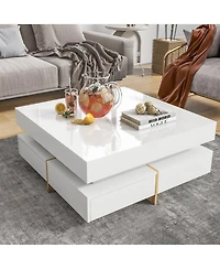 Rainsken Modern High Gloss Coffee Table, Multi-Storage Square Center Table with 4 Drawers and Wood Grain Legs for Living Room