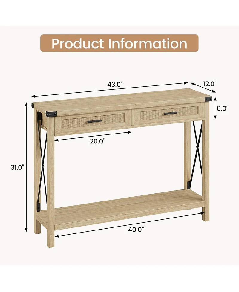 gaomon Farmhouse Entryway Console Table with Rattan Drawers, Sofa Table with Storage for Living Room, Hallway, Entryway