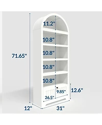 gaomon 71" Tall Arched Book Shelf, 6 Tier Freestanding Bookshelf with Drawer and Open Display Shelves, Mid Century Modern Bookcase