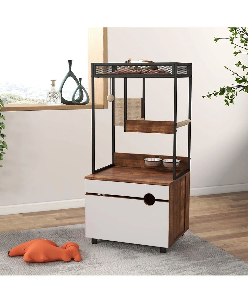 Aostirmotor Cat Litter Box Enclosure with Cat Tree Tower – 2-in-1 Hidden Cat Furniture Cabinet