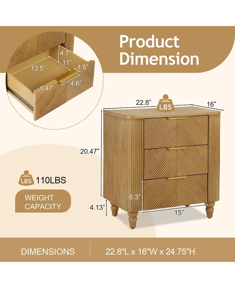 Flynama Elegant Modern Wooden Nightstand with 3 Drawers Natural Finish Bedside Table for Bedroom Living Room