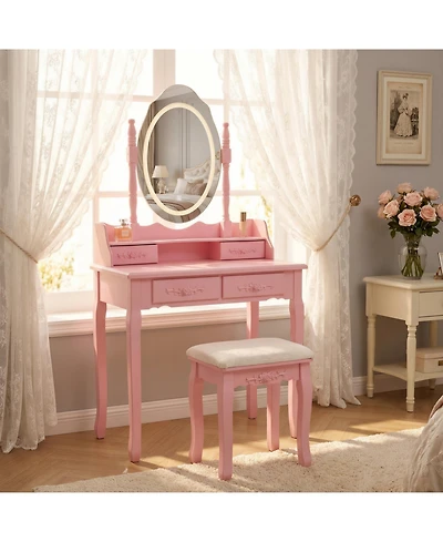 Flynama Princess Vanity Desk Set with Mirror Cushioned Stool Light Modes 4 Drawer Wooden Makeup Vanity Table for Girls Bedroom