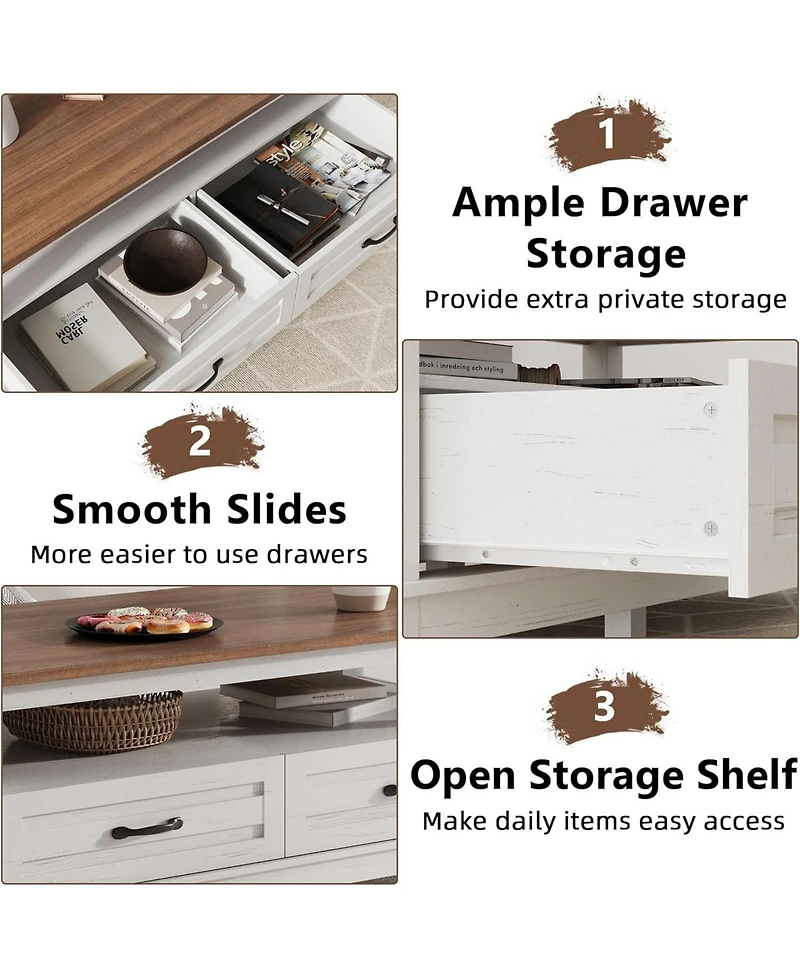 gaomon Farmhouse Coffee Table with Drawers, Center Rustic Tables Living Room Table, Open Shelf and 6 Support