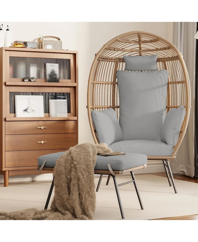 gaomon Oversized Wicker Egg Chair with Ottoman, Patio Lounge Egg Chair with Thick Cushion, Rattan Egg Basket with Steel Frame for Indoor/Outdoor