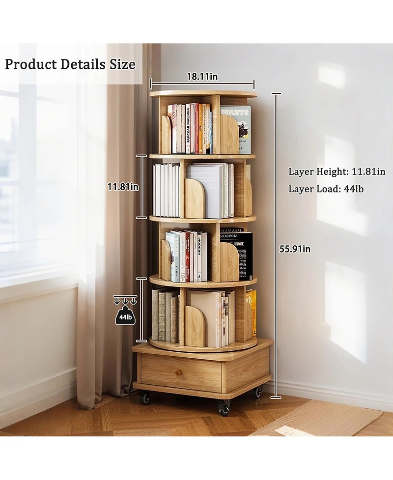 Rainsken 5 Tier Rotating Bookshelf with Drawers On Wheel, 360° Display Spinning Corner Bookcase