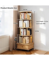 Rainsken 5 Tier Rotating Bookshelf with Drawers On Wheel, 360° Display Spinning Corner Bookcase