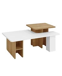 Rainsken Nesting Coffee Tables Set of 2, Rectangle Wood Finish Center Table with Rounded Corners and Shelf for Living Room