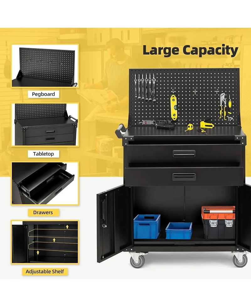 Aecojoy 52'' Work Bench for Garage with Pegboard Drawers and Cabinets Heavy Duty Metal Frame Tool Bench for Organizer Work Table with Wheels