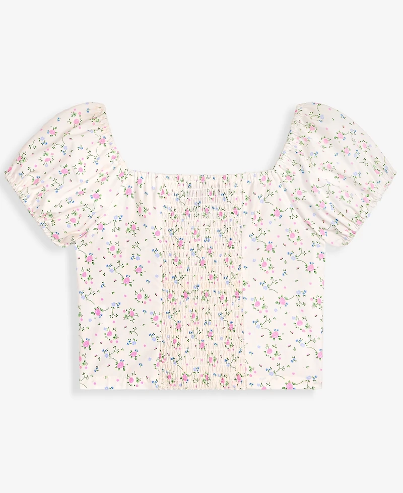 With Jules Girls' 7-16 Ruched Floral Print Short-Sleeve Milkmaid Top