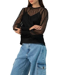 Ivonne Women's See- Though Polka Dot Smock Sleeve Blouse