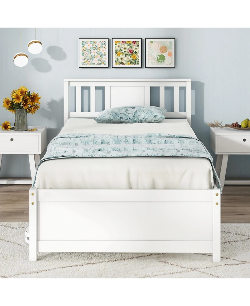 Sugift Wooden Platform Bed with Headboard and Wood Slat Support