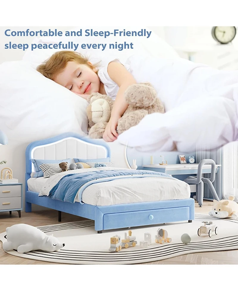 gaomon Full Upholstered Led Bed Frame with Storage Drawer Velvet Platform for Kids Wood Slats No Box Spring