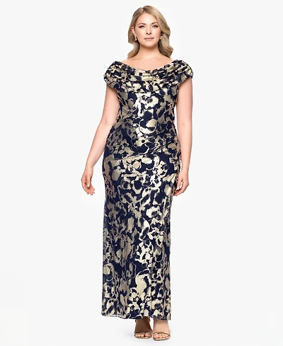 Betsy & Adam Plus Metallic Print Cowlneck Gown