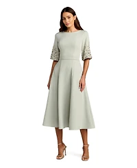 Mac Duggal Women's Crepe A Line Midi Dress With Beaded Sleeves