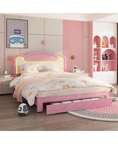 gaomon Upholstered Platform Bed with Led, Storage Drawers, Fabric Headboard, Wood Slats