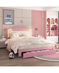 gaomon Upholstered Platform Bed with Led, Storage Drawers, Fabric Headboard, Wood Slats